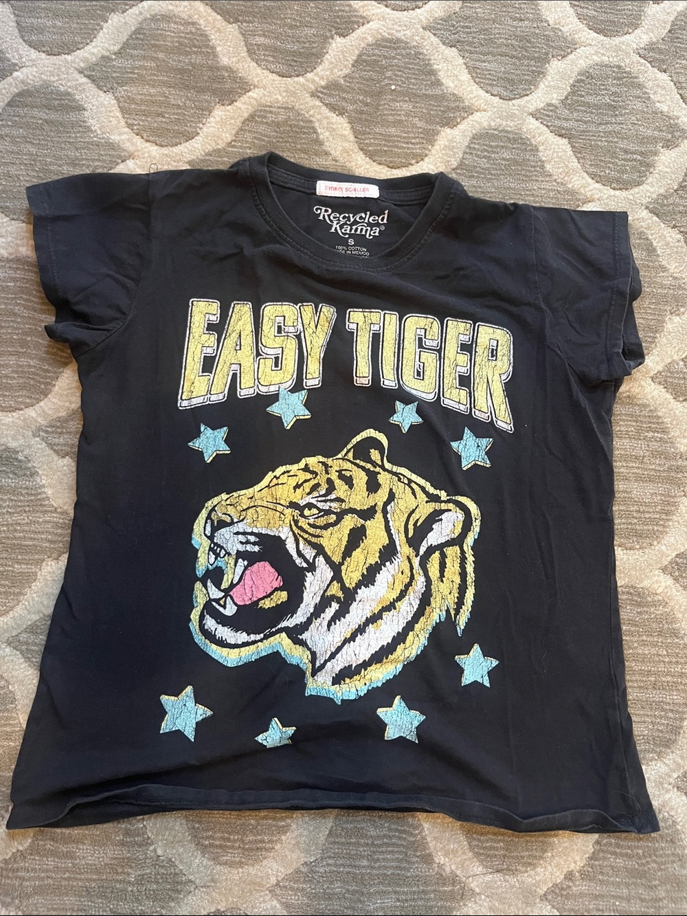 Recycled Karma Black 'Easy Tiger' Graphic Tee with Yellow & Blue Accents